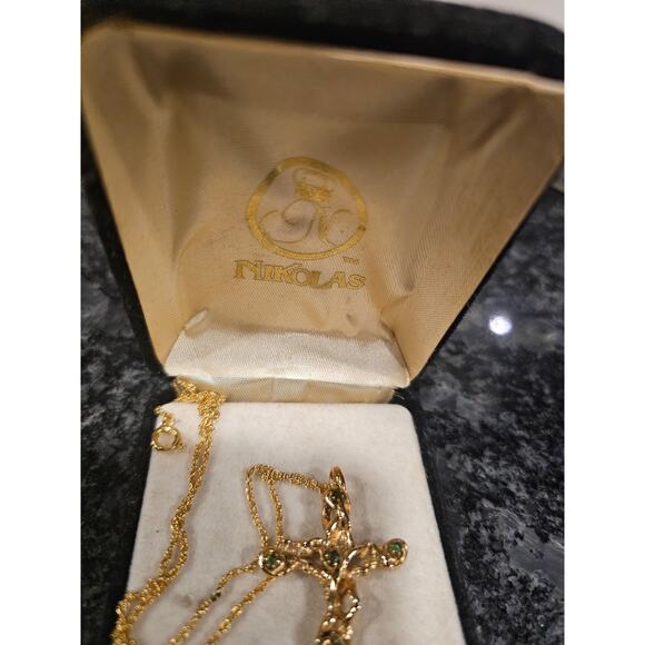 Nikolas Gold Cross Necklace with Green Stones Elegant Religious Jewelry - Picture 4 of 6